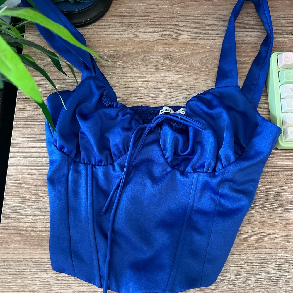 bershka corset detail ruched cup top in cobalt blue